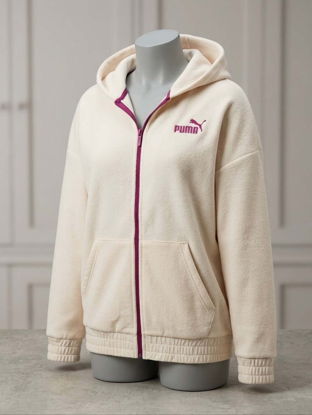 Puma Cream Hooded Zip Jacket with Pink Accents, Size Large